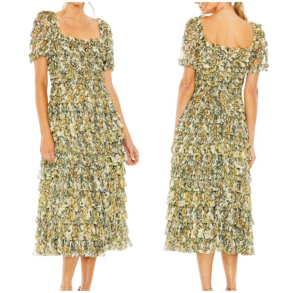 Mac Duggal NWT Multicolor Short Sleeve Micro Ruffle Tea Length Dress Size 6 - Picture 2 of 10